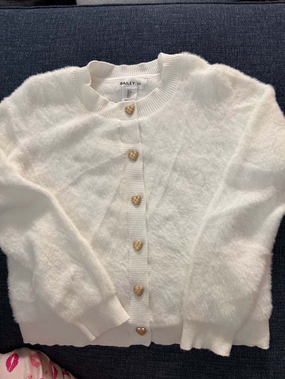 ANTHROPOLOGIE’s Bailey 44 Fuzzy Cardigan Size S White Gold Heart Buttons
